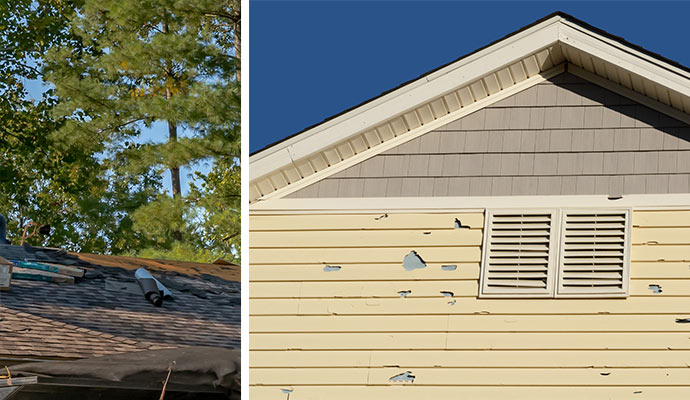 A split image showing the aftermath of a hail storm